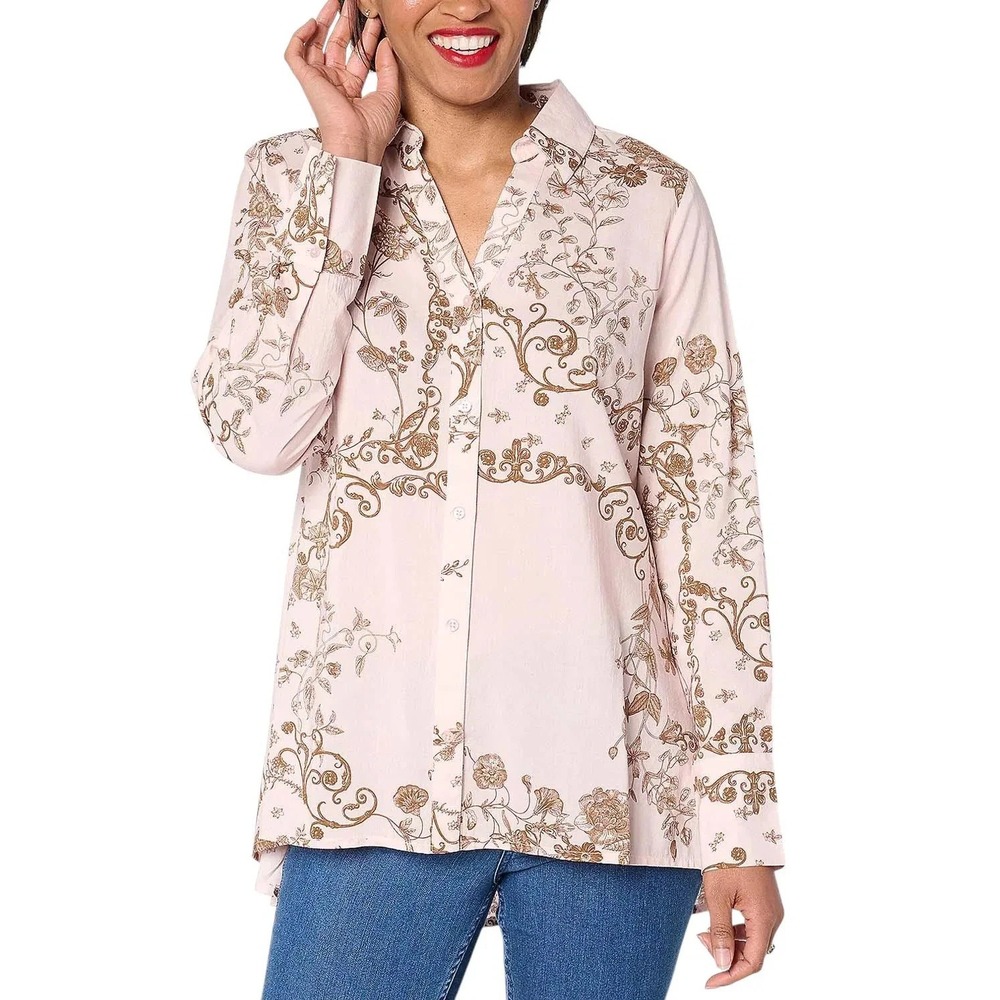 BEAUTIFUL by Lawrence Zarian Women's High-Low Printed Shirt Pink, Medium